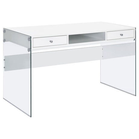 Dobrev Glossy White and Clear 2-Drawer Writing Desk from Coaster - Luna Furniture