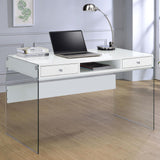 Dobrev Glossy White and Clear 2-Drawer Writing Desk from Coaster - Luna Furniture