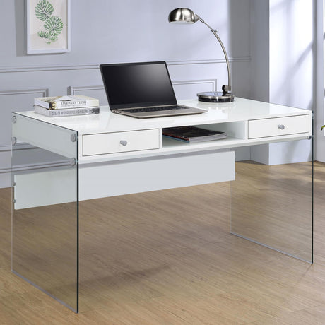 Dobrev Glossy White and Clear 2-Drawer Writing Desk from Coaster - Luna Furniture