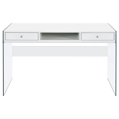 Dobrev Glossy White and Clear 2-Drawer Writing Desk from Coaster - Luna Furniture