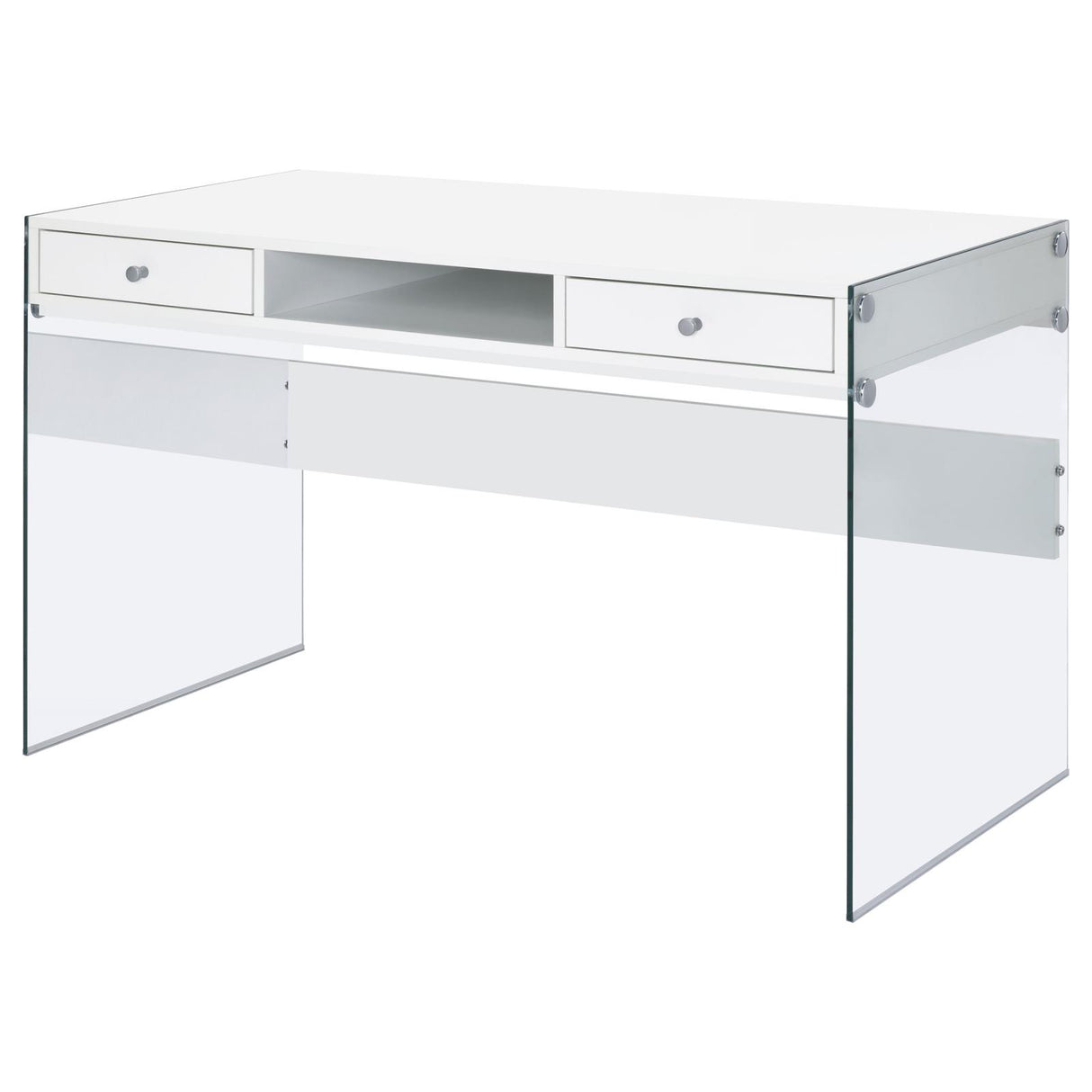 Dobrev Glossy White and Clear 2-Drawer Writing Desk from Coaster - Luna Furniture
