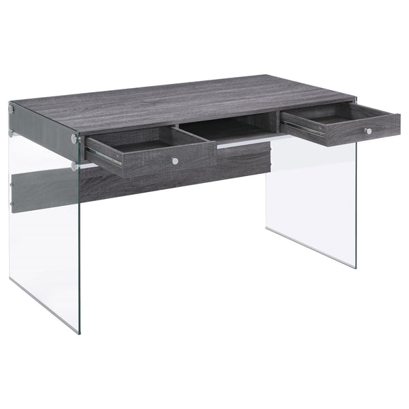 Dobrev 2-drawer Writing Desk Weathered Grey and Clear - 800818 - Luna Furniture