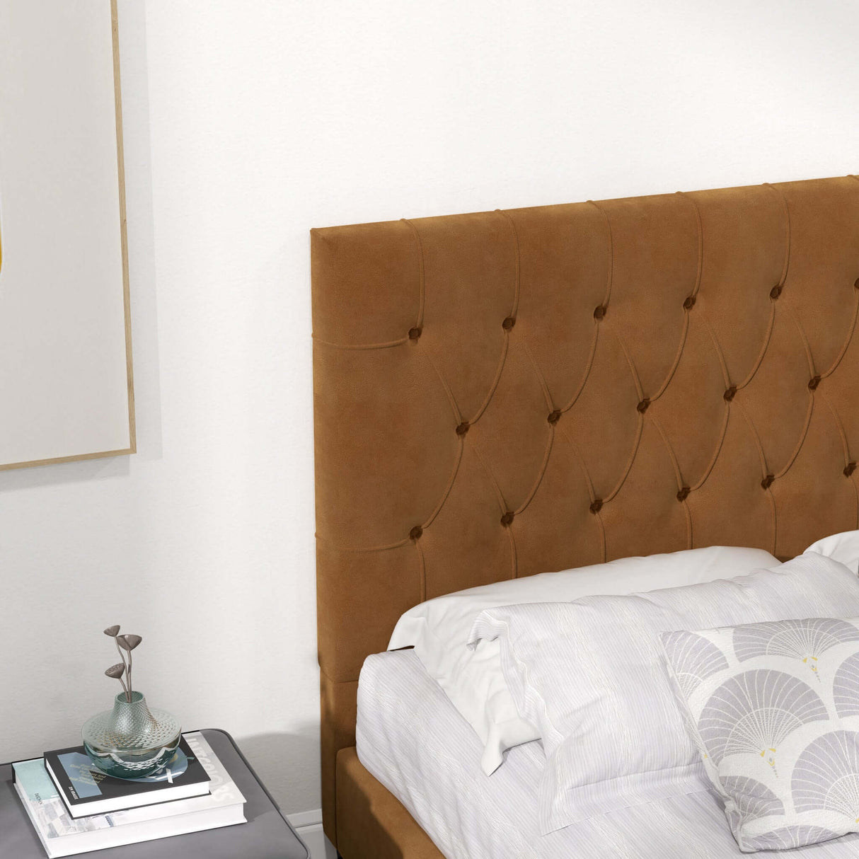 Donald Upholstered Platform Bed Queen / Cognac from Midinmod - Luna Furniture