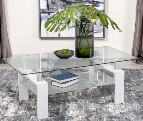 Dyer Rectangular Glass Top Coffee Table With Shelf White - 703438 - Luna Furniture