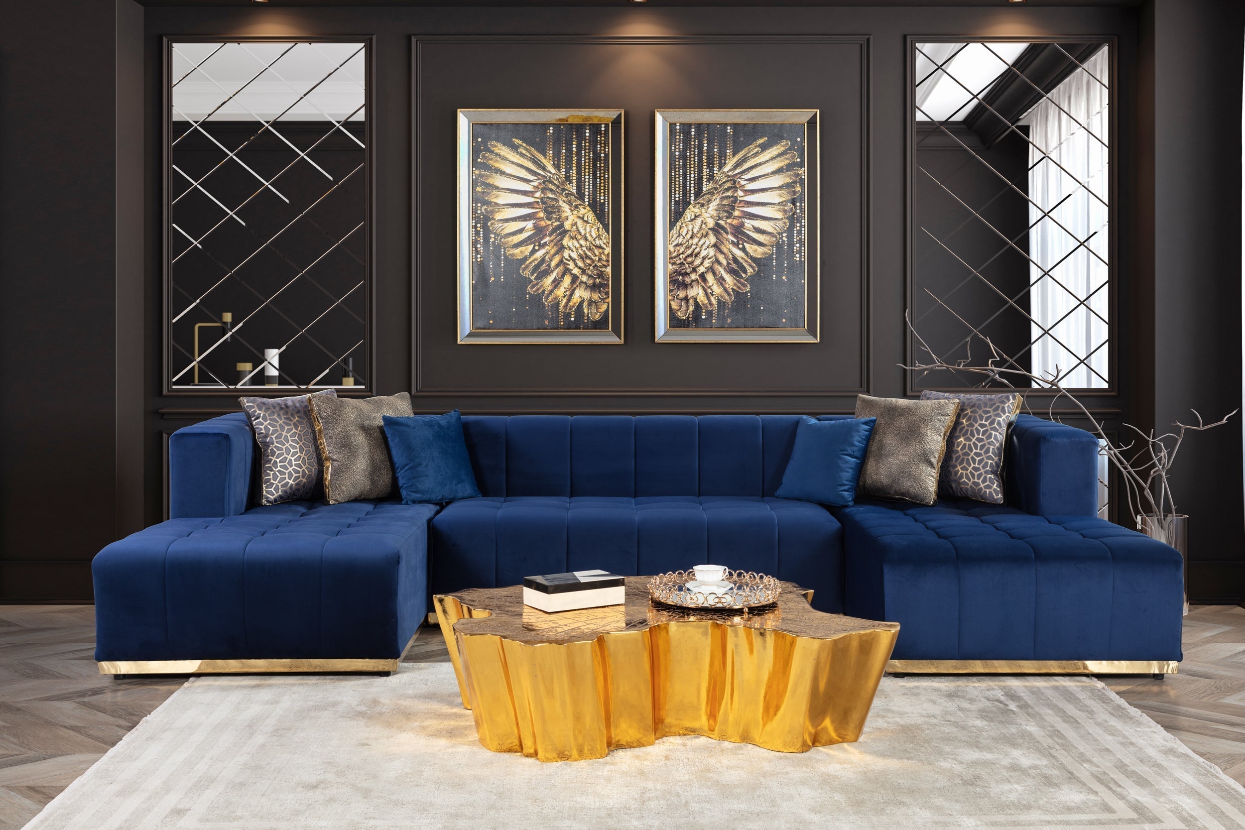 Nova Furniture Elisha Navy Velvet Double Chaise Sectional - Luna