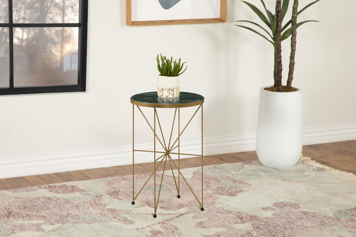 Eliska Green and Antique Gold Round Accent Table with Marble Top from Coaster - Luna Furniture