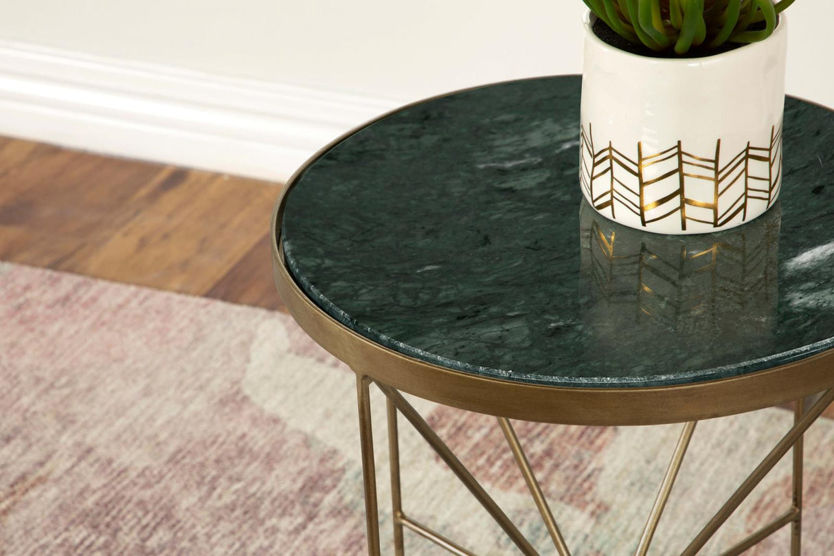 Eliska Green and Antique Gold Round Accent Table with Marble Top from Coaster - Luna Furniture