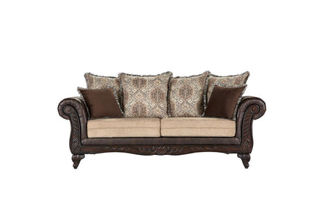 Elmbrook Brown 2-piece Upholstered Rolled Arm Sofa Set with Intricate Wood Carvings from Coaster - Luna Furniture