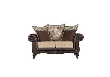 Elmbrook Brown 2-piece Upholstered Rolled Arm Sofa Set with Intricate Wood Carvings from Coaster - Luna Furniture