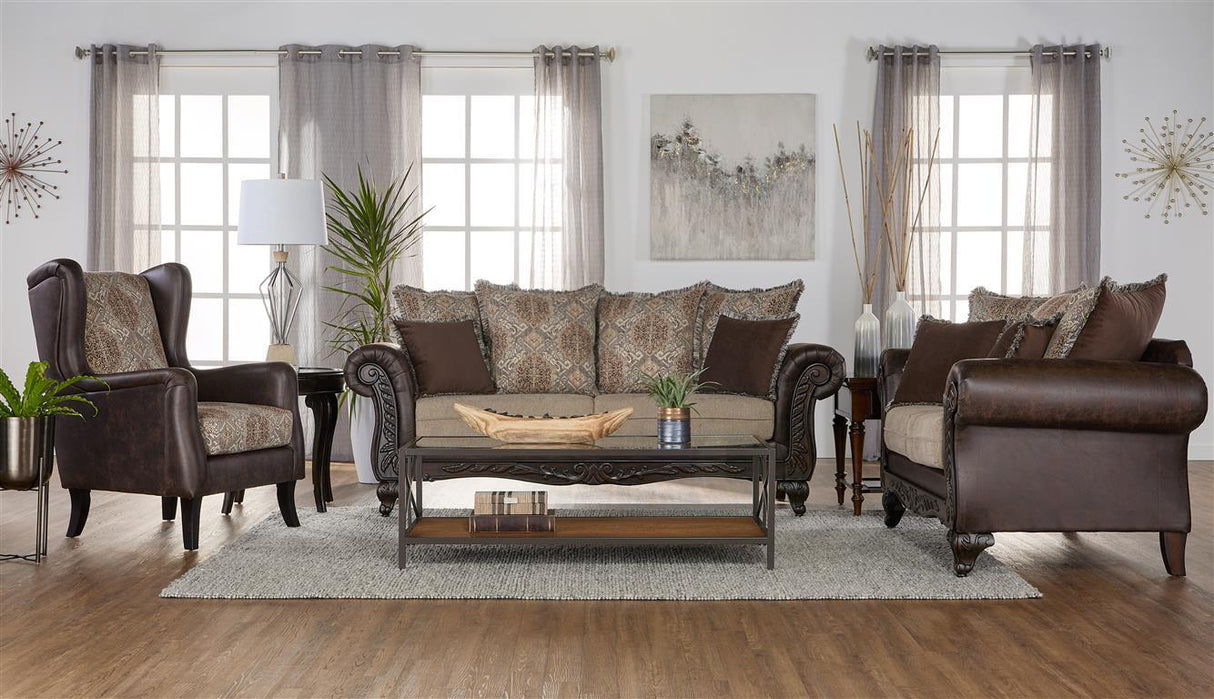 Elmbrook Brown Rolled Arm Living Room Set with Intricate Wood Carvings from Coaster - Luna Furniture