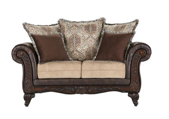 Elmbrook Brown Upholstered Rolled Arm Loveseat with Intricate Wood Carvings from Coaster - Luna Furniture