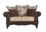 Elmbrook Brown Upholstered Rolled Arm Loveseat with Intricate Wood Carvings from Coaster - Luna Furniture