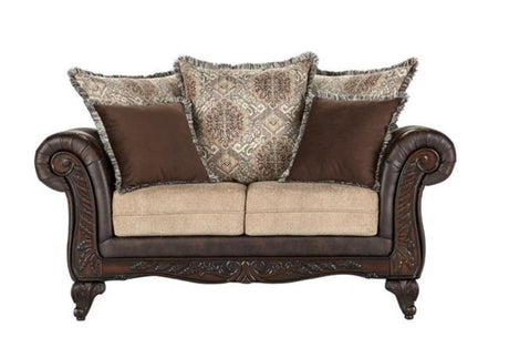 Elmbrook Brown Upholstered Rolled Arm Loveseat with Intricate Wood Carvings from Coaster - Luna Furniture
