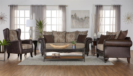 Elmbrook Upholstered Rolled Arm Loveseat with Intricate Wood Carvings Brown - 508572 - Luna Furniture