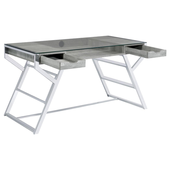 Emelle 2-drawer Glass Top Writing Desk Grey Driftwood and Chrome - 882116 - Luna Furniture