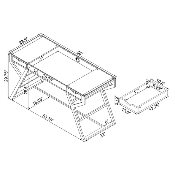 Emelle 2-drawer Glass Top Writing Desk Grey Driftwood and Chrome - 882116 - Luna Furniture