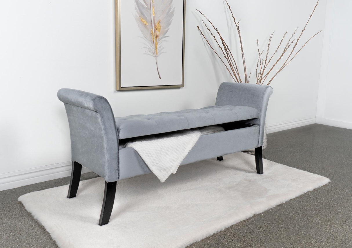 Farrah Silver and Black Upholstered Rolled Arms Storage Bench from Coaster - Luna Furniture