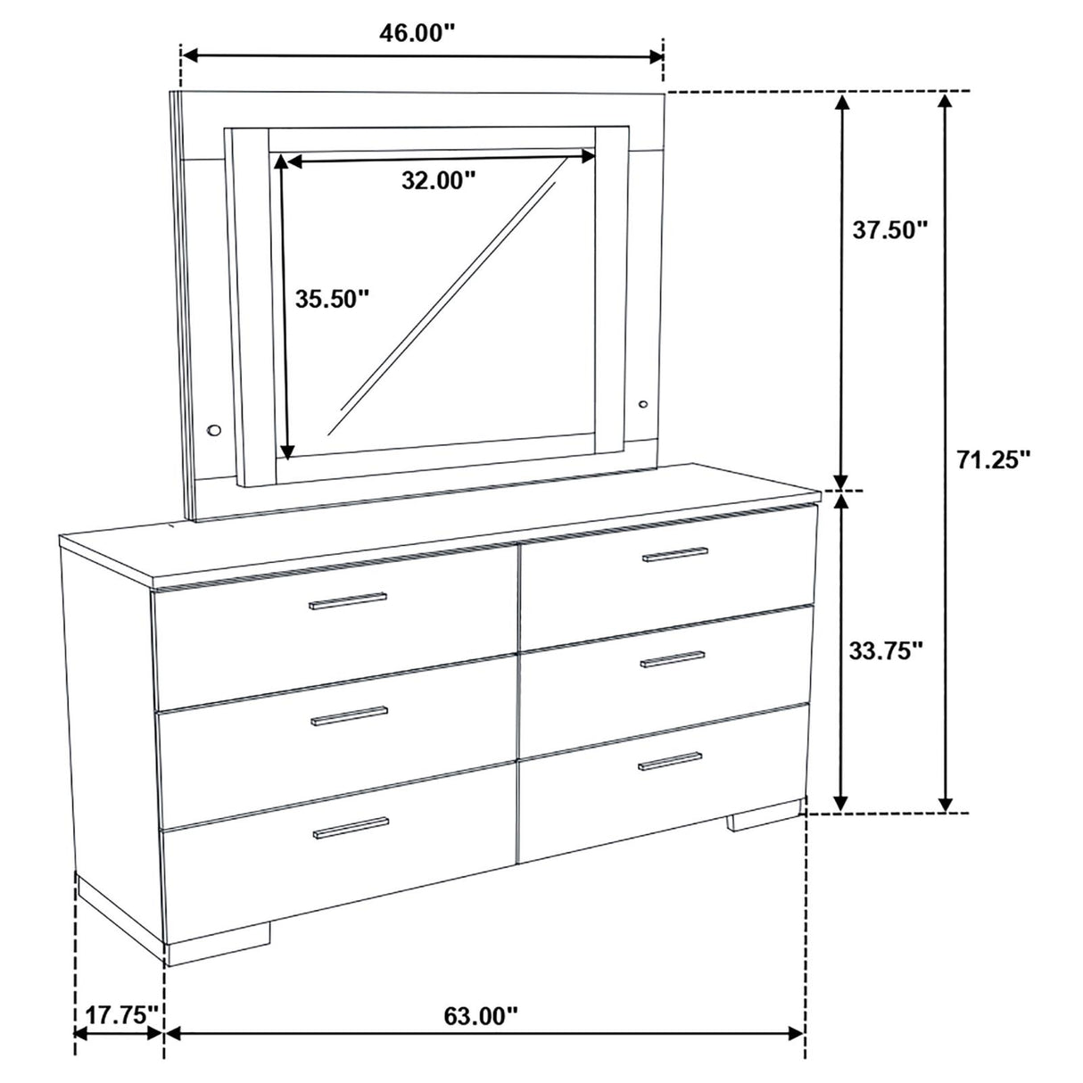 Felicity 6-drawer Dresser with LED Mirror Glossy White - 203503ML - Luna Furniture