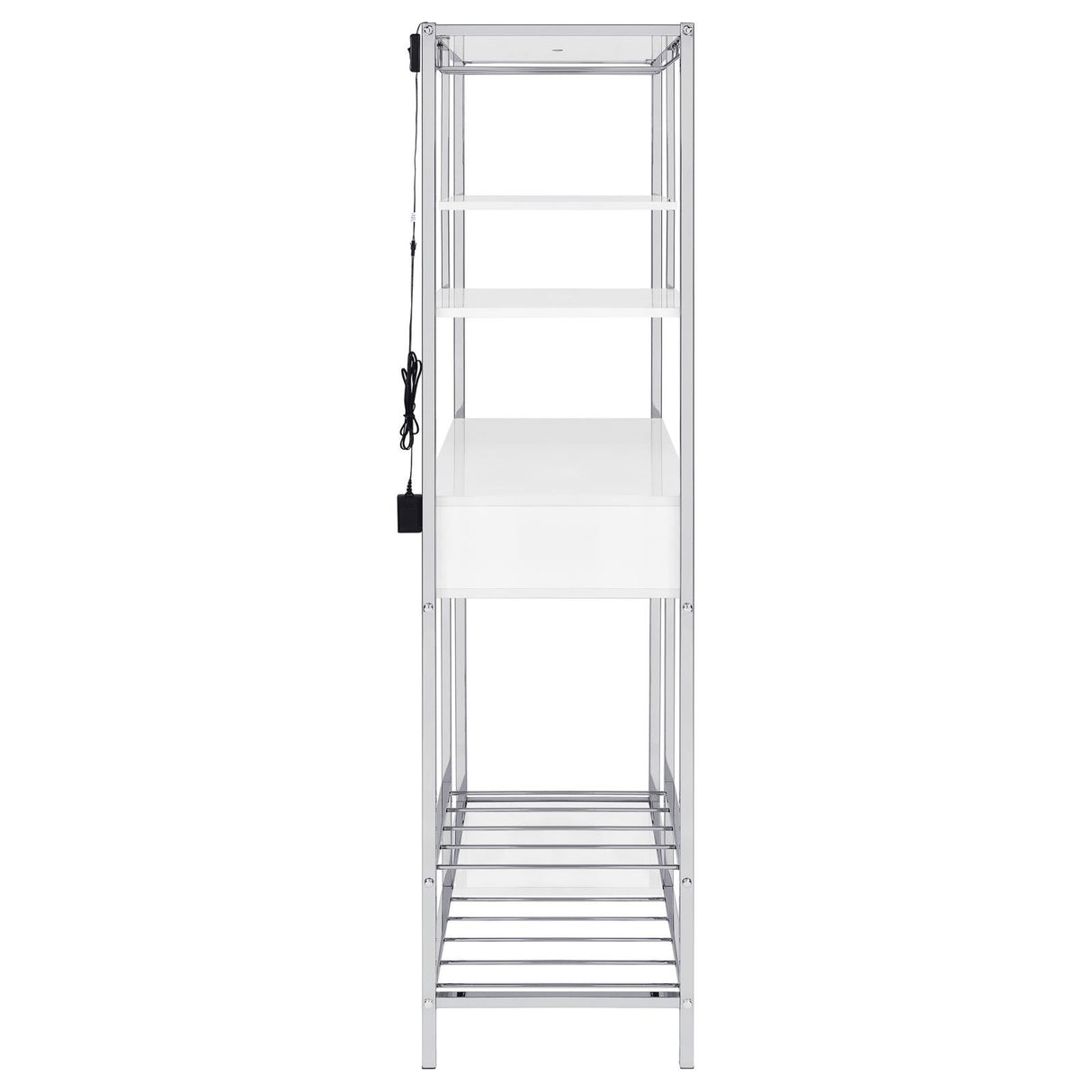 Figueroa White High Gloss and Chrome 5-Shelf Wine Cabinet with Storage Drawer from Coaster - Luna Furniture