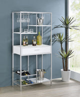 Figueroa White High Gloss and Chrome 5-Shelf Wine Cabinet with Storage Drawer from Coaster - Luna Furniture