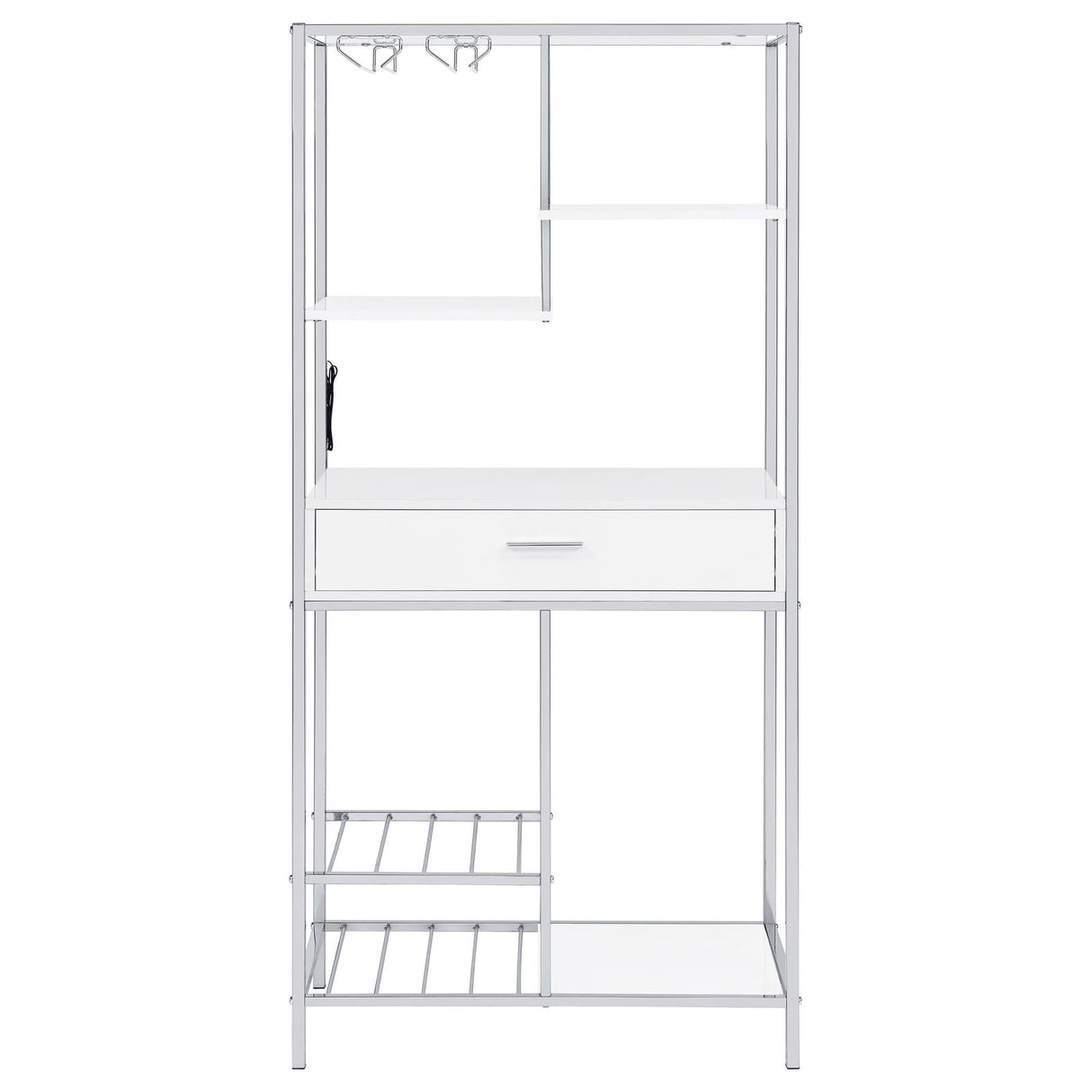 Figueroa White High Gloss and Chrome 5-Shelf Wine Cabinet with Storage Drawer from Coaster - Luna Furniture