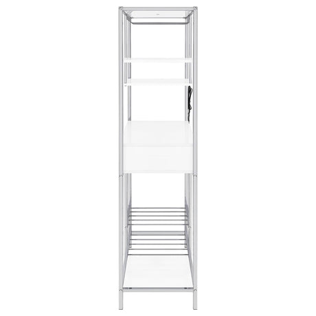 Figueroa White High Gloss and Chrome 5-Shelf Wine Cabinet with Storage Drawer from Coaster - Luna Furniture