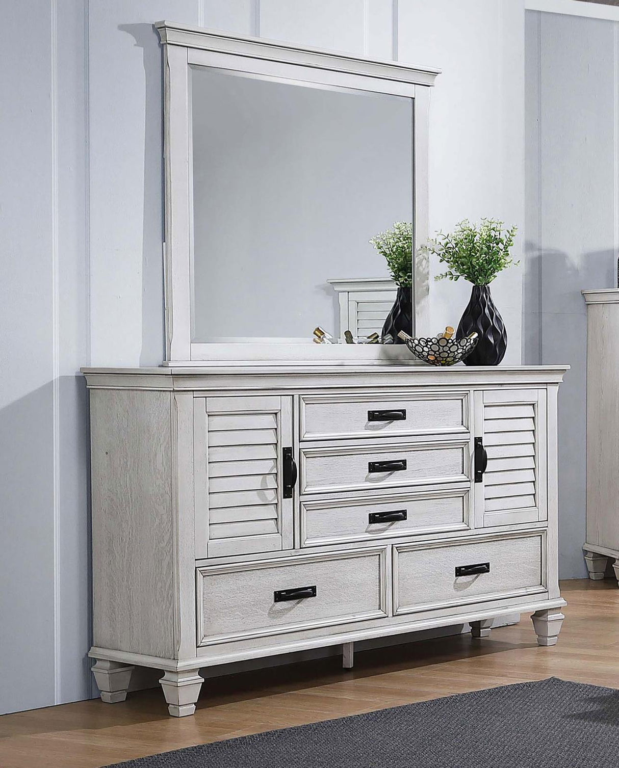 Franco Antique White 5-Drawer Dresser with Mirror from Coaster - Luna Furniture