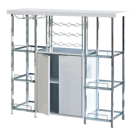 Gallimore High Glossy White and Chrome 2-Door Bar Cabinet with Glass Shelf from Coaster - Luna Furniture