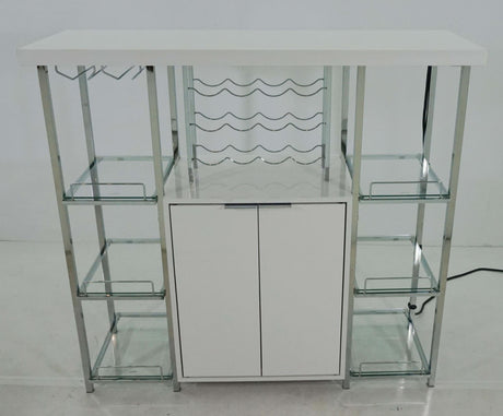 Gallimore High Glossy White and Chrome 2-Door Bar Cabinet with Glass Shelf from Coaster - Luna Furniture