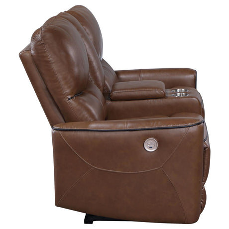 Greenfield Saddle Brown Upholstered Power Reclining Loveseat with Console from Coaster - Luna Furniture