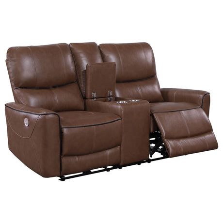 Greenfield Upholstered Power Reclining Loveseat with Console Saddle Brown - 610265P - Luna Furniture