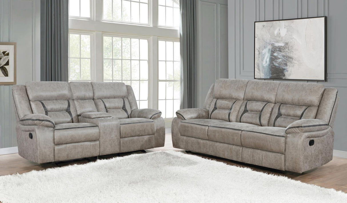 Greer Taupe Upholstered Tufted Reclining Living Room Set from Coaster - Luna Furniture