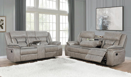 Greer Taupe Upholstered Tufted Reclining Living Room Set from Coaster - Luna Furniture