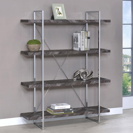 Grimma Rustic Gray Herringbone 4-Shelf Bookcase from Coaster - Luna Furniture