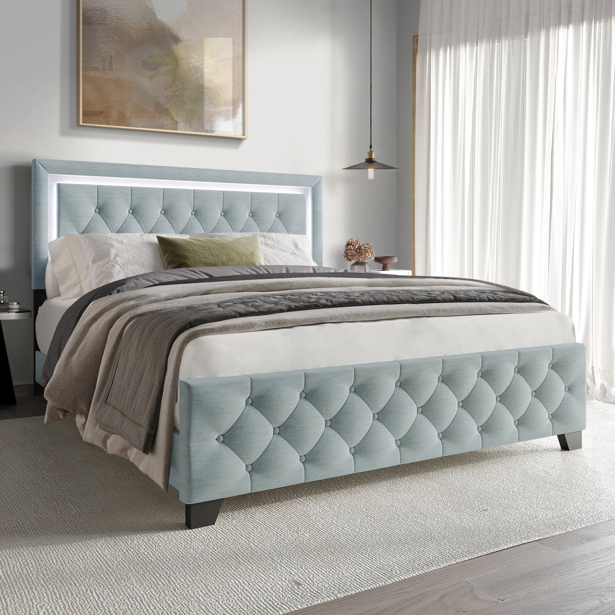 Betty Ice Blue LED Full Upholstered Platform Bed from Happy Homes - Luna Furniture