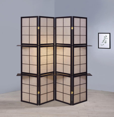 Iggy Tan and Cappuccino 4-Panel Folding Screen with Removable Shelves from Coaster - Luna Furniture