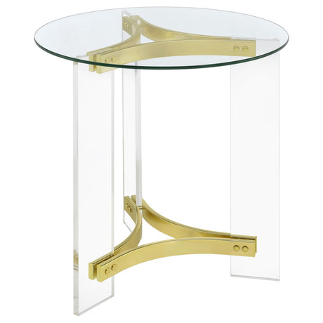 Janessa Round Glass Top End Table With Acrylic Legs Clear and Matte Brass - 710067 - Luna Furniture