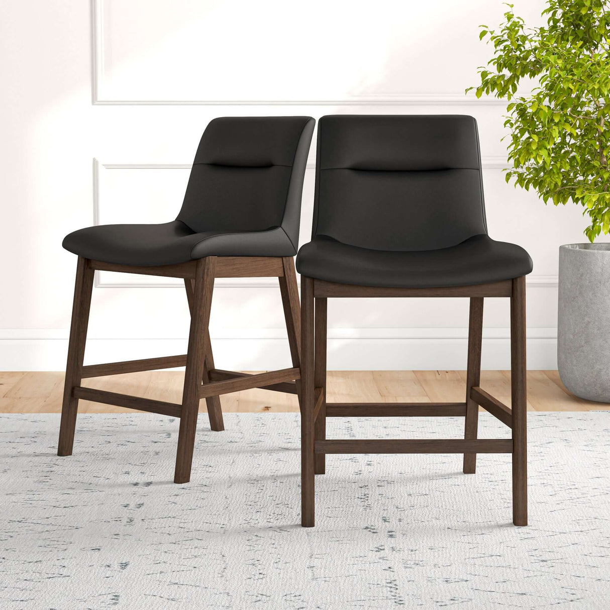 Jayden Mid-Century Modern 24" Upholstered Stool (Set of 2) Black Vegan Leather - AFC00007 - Luna Furniture