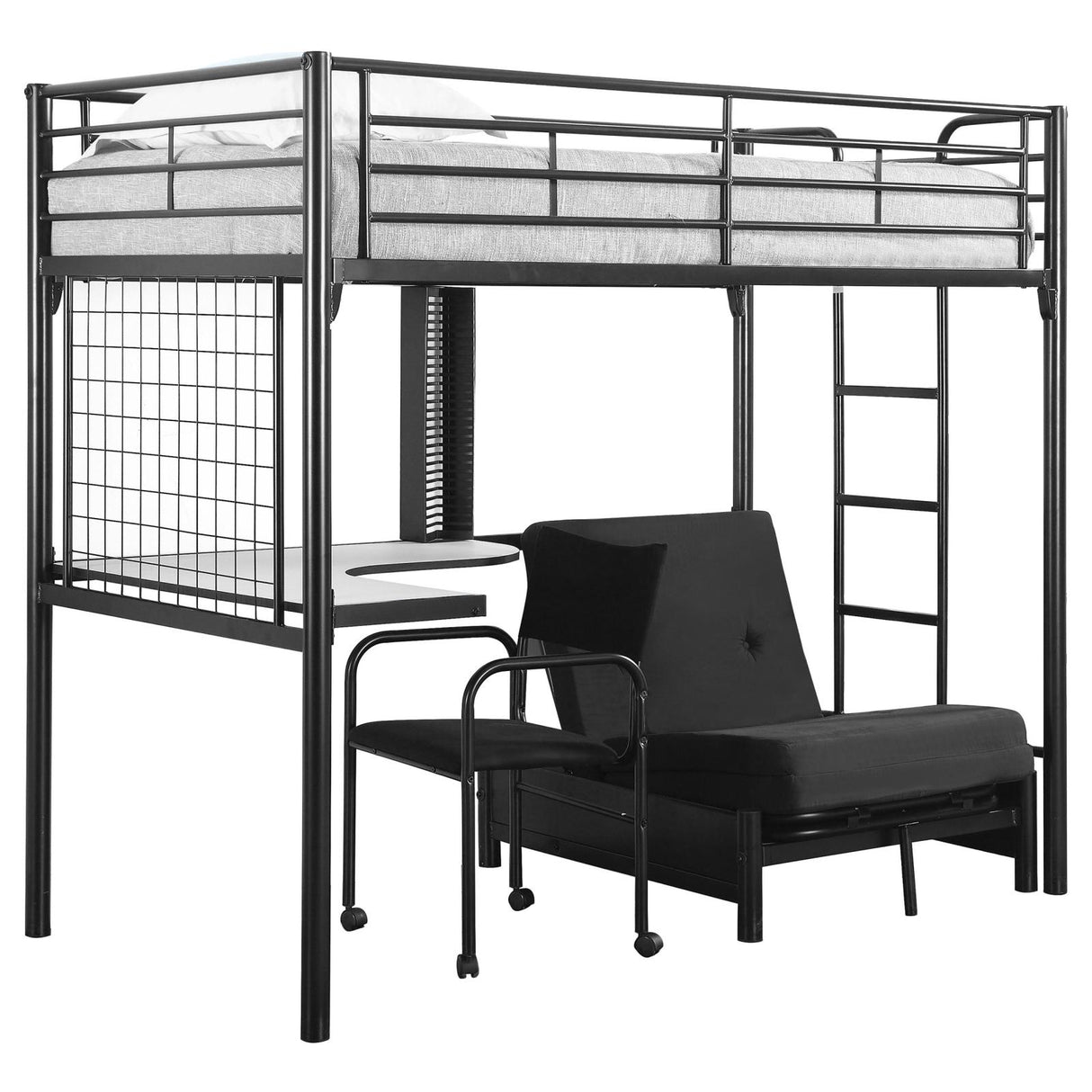 Jenner Twin Futon Workstation Loft Bed and Futon Pad Black - 2209-SM - Luna Furniture