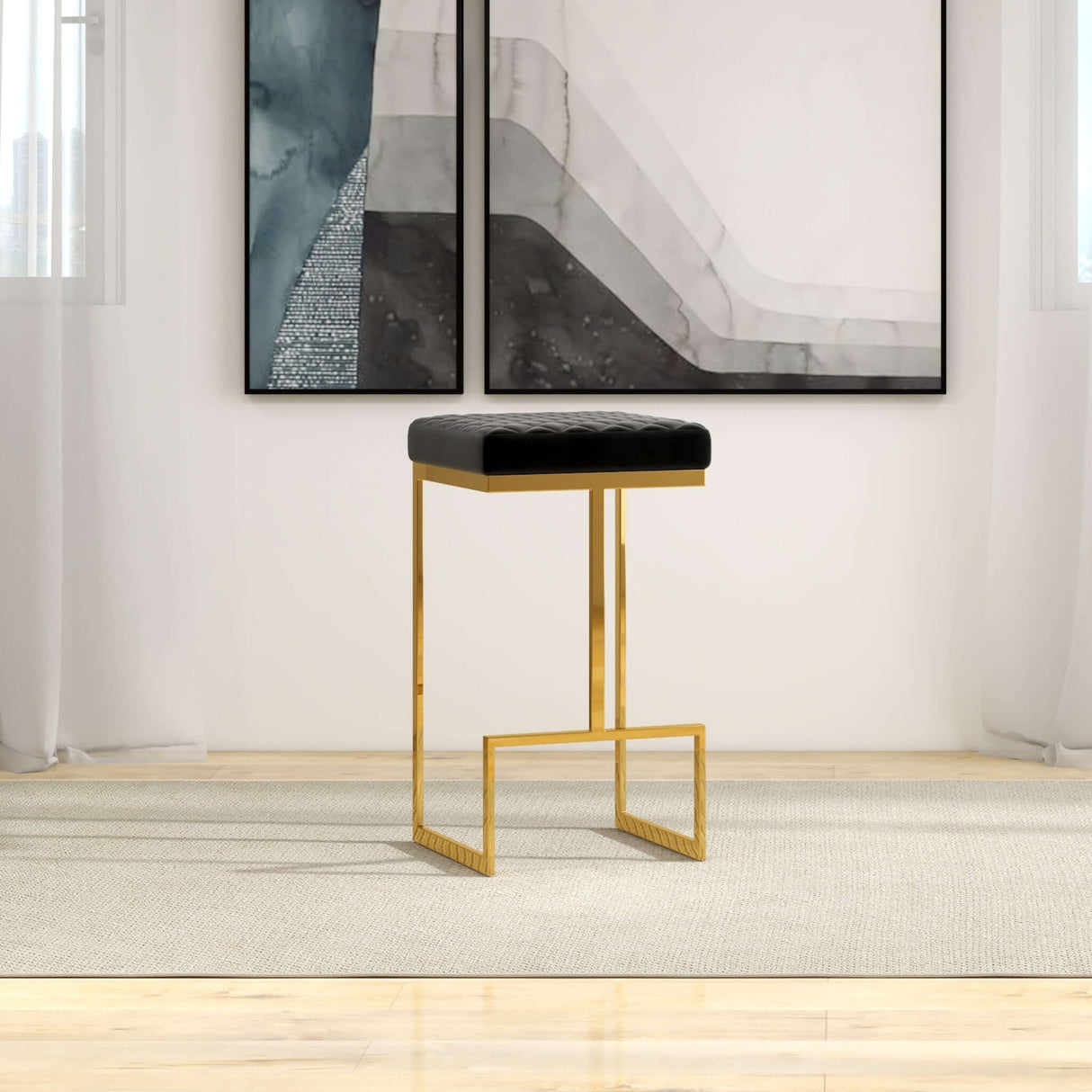 Joel Mid Century Modern Luxury Upholstered Stool 25.5" / Black Velvet - AFC00088 - Luna Furniture