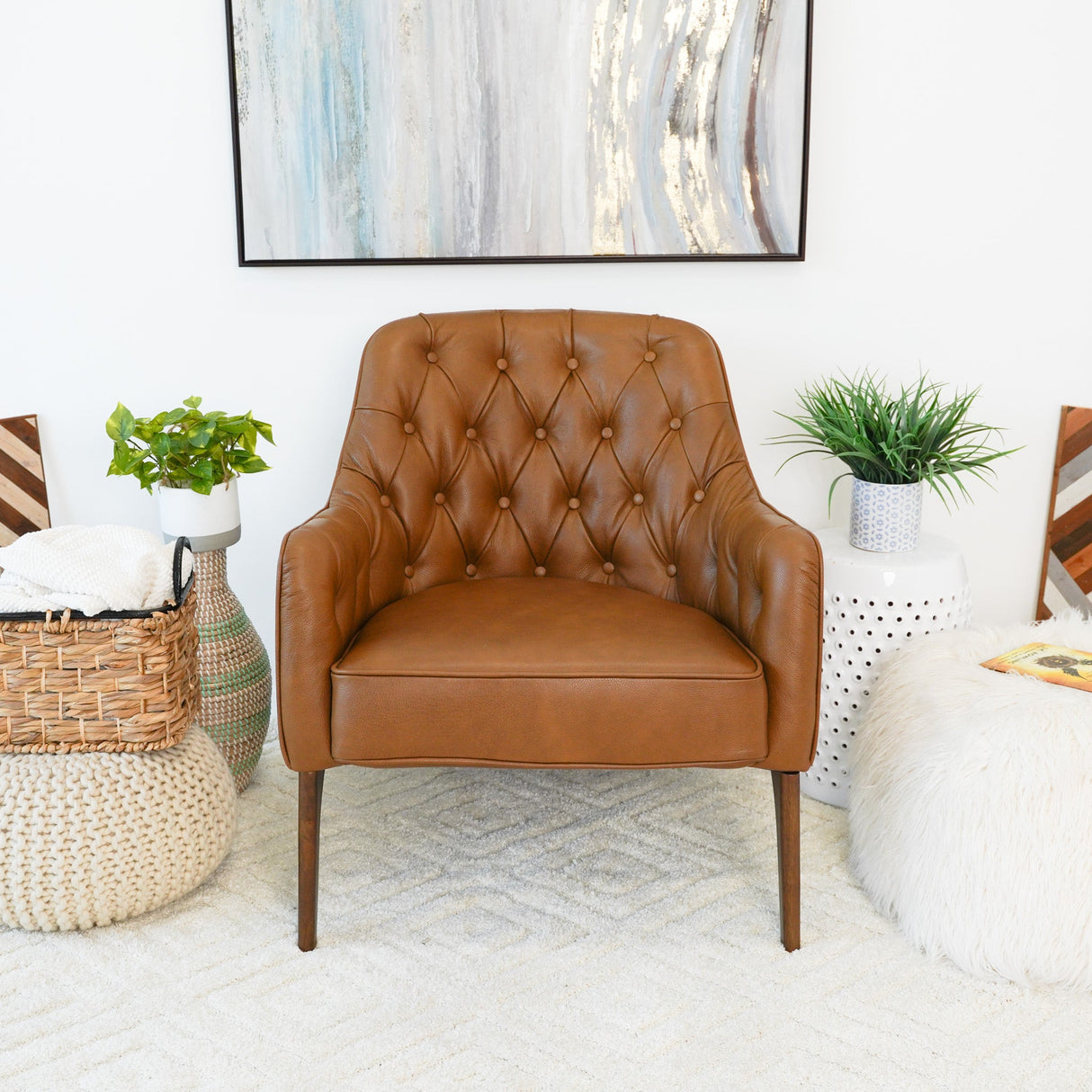 Joshua Mid-Century Modern Tufted Tan Leather Lounge Chair - AFC00406 - Luna Furniture
