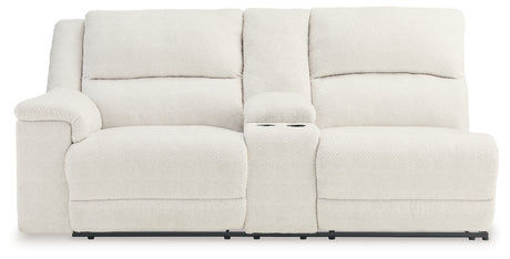 Keensburg Linen Left-Arm Facing Power Reclining Loveseat with Console from Ashley - Luna Furniture