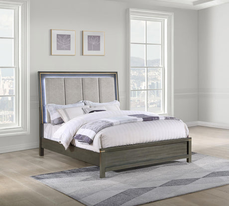 Kieran Eastern King Panel Bed with Upholstered LED Headboard Grey - 224741KE - Luna Furniture