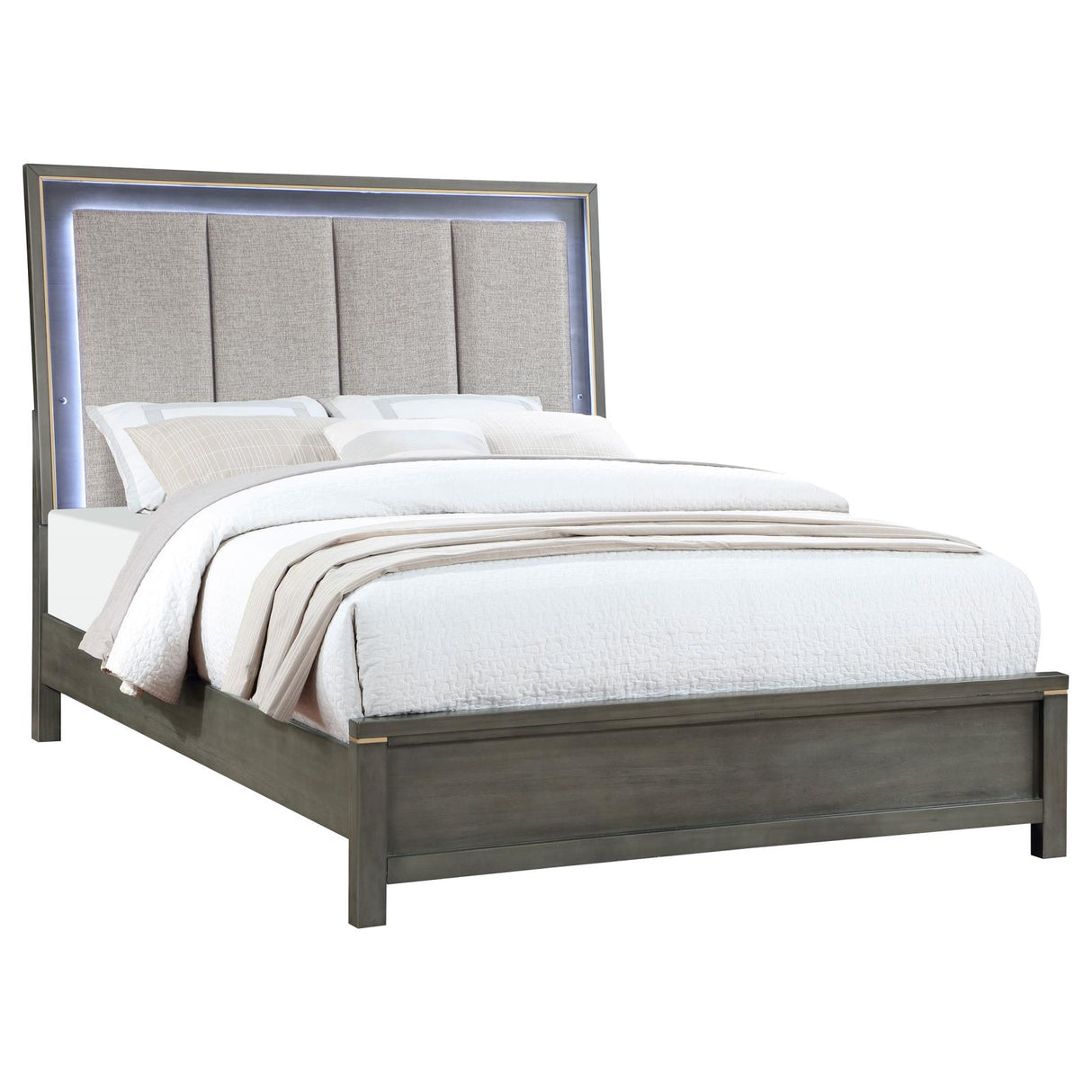 Kieran Queen Panel Bed with Upholstered LED Headboard Grey - 224741Q - Luna Furniture