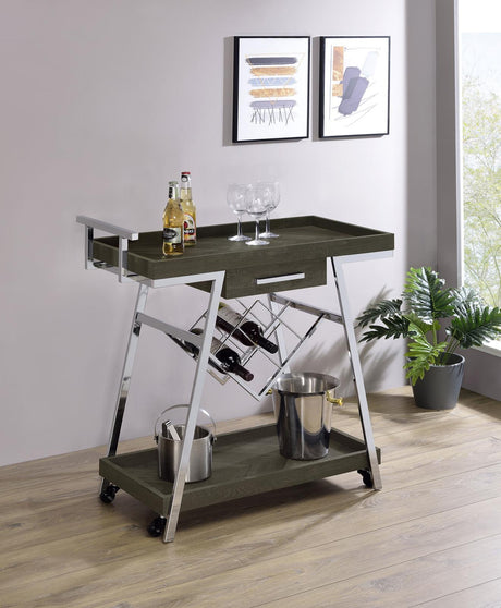 Kinney 2-tier Bar Cart with Storage Drawer Rustic Grey and Chrome - 181025 - Luna Furniture