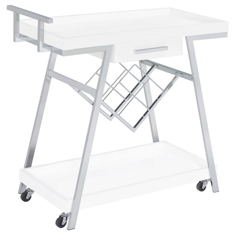 Kinney 2-tier Bar Cart with Storage Drawer White High Gloss and Chrome - 181024 - Luna Furniture
