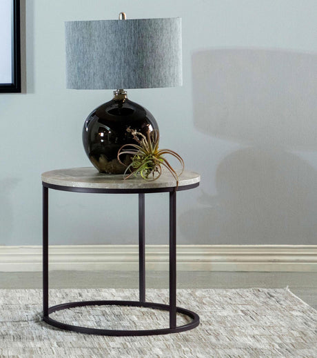 Lainey Gray and Gunmetal Faux Marble Round Top End Table from Coaster - Luna Furniture