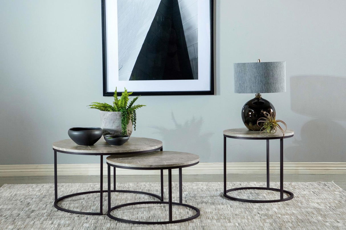 Lainey Gray and Gunmetal Faux Marble Round Top End Table from Coaster - Luna Furniture