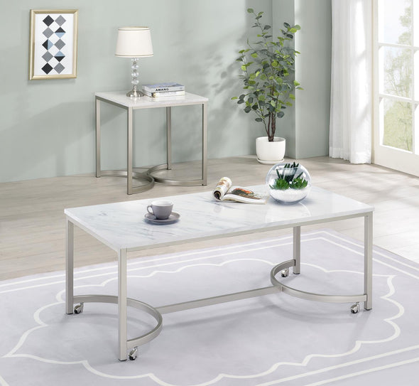 Leona Faux Marble Square End Table White and Satin Nickel - 721867 - Luna Furniture