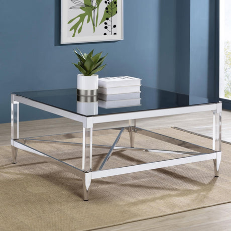 Lindley Square Coffee Table with Acrylic Legs and Tempered Mirror Top Chrome - 709728 - Luna Furniture